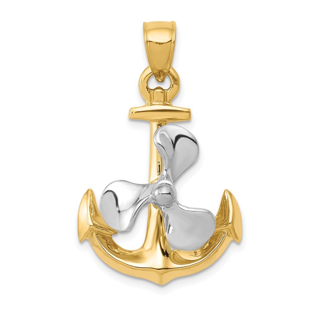 10k Yellow Gold Two-Tone 3-D Anchor W Moveable Propeller Necklace Charm Pendant 1235$